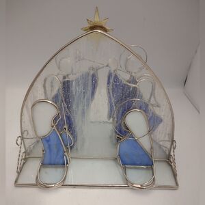 Stained Blue Glass Christmas Nativity Scene Creche Angels Tea Light Display